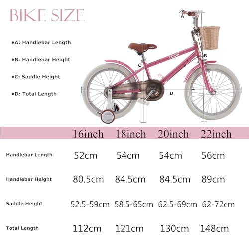 LSLIFE Girls Bike with Basket for 4-14 Years Old Kids 16" 18" 20" 22" Kids Bicycle Adjustable Seat & Handlebars Pink Girls Bike with Stabilizers Double Brake (18 Inch) - Image 4