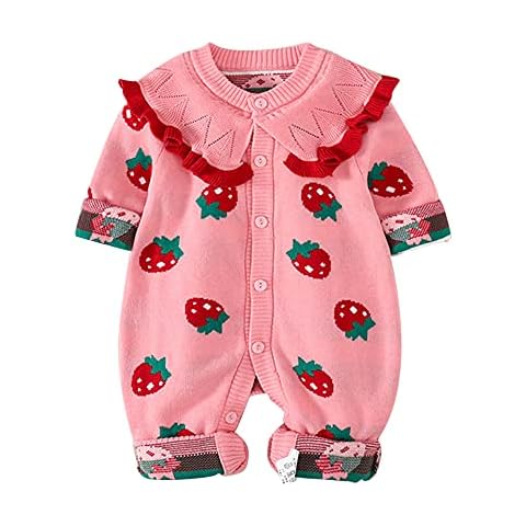 Newborn Infant Baby Boy Girl Knitted Sweater Romper Warm Longsleeve Jumpsuit Outfit with Warm Hat Set, Pink Strawberry, 12- 18 Months Cover