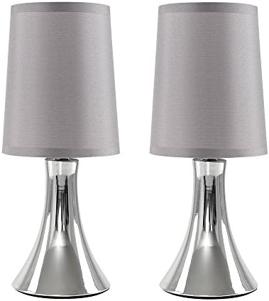 MiniSun Pair of Small Modern Chrome Trumpet Touch Table Lamps Bedside Lights with Grey Fabric Shades