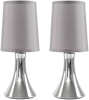 MiniSun Pair of Small Modern Chrome Trumpet Touch Table Lamps Bedside Lights with Grey Fabric Shades