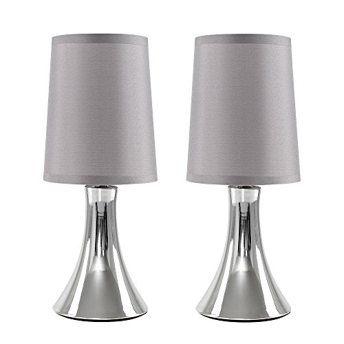MiniSun | Small Modern Chrome Trumpet Touch Table Lamps with Grey Fabric Shades | Table Lamps, Home Décor & Improvement Essential | Set of 2