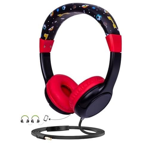 Olyre Toddler Headphones Wired with 85dB Safe Volume Limiter and Sharing Function, Adjustable iPad & Tablet Kids Headphones with Cord for Baby Boys and Girls for Plane & Car Travel Black/Red Cover
