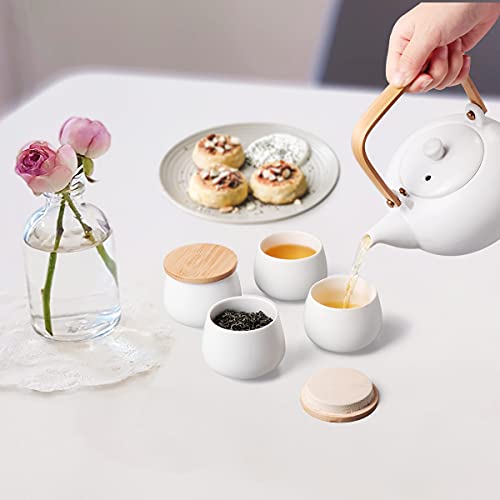 20Oz Ceramic Teapot With 4 Teacup, Japanese Style Porcelain Tea Pot, Loose Leaf And Blooming Tea Maker Tea Caddy Cups Pottery Tea Sets With Bentwood Handle For Women Gift (Gloss White) #TOP7