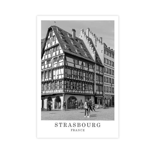WANXU Strasbourg Travel Poster Strasbourg Black White Canvas Poster Wall Art Decor Print for Living Room Bedroom Decoration Unframe 24x36inch