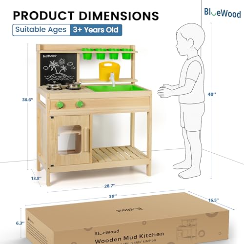BlueWood Mud Kitchen for Kids Outdoor, Wooden Play Kitchen Set with Sink, Stove, Chalkboard, Montessori Toddler Outdoor Kitchen Playset for Backyard Fun - Image 4