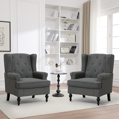 choairy Accent Chair Set of 2, Mid Century Modern Fabric Wingback Chair, Upholstered Armchair with High Back and Vintage Legs, Comfy Single Sofa Side Reading Chair for Living Room Bedroom, Dark Grey