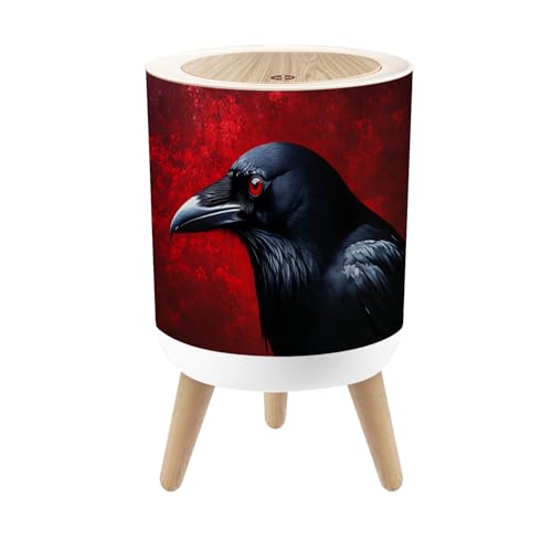 Small Trash Can with Lid Gothic Crow Raven Bird Goth Red Black Feathers Beak Intense Eyes Round Press Top Garbage Can with Legs Trash Bin Waste Basket for Kitchen Bedroom Bathroom 7L/1.8 Gallon