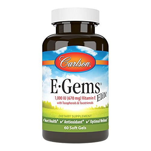 Carlson - E-Gems Elite, 1000 IU (670 mg) Vitamin E with Tocopherols & Tocotrienols, Heart Health & Optimal Wellness, Antioxidant, 60 Soft Gels