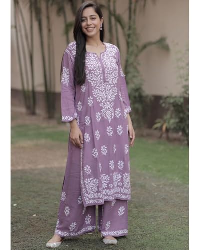 women39s kurta set embroidered chikankari kurta with pant ethnic indian wear- lucknow chikankari