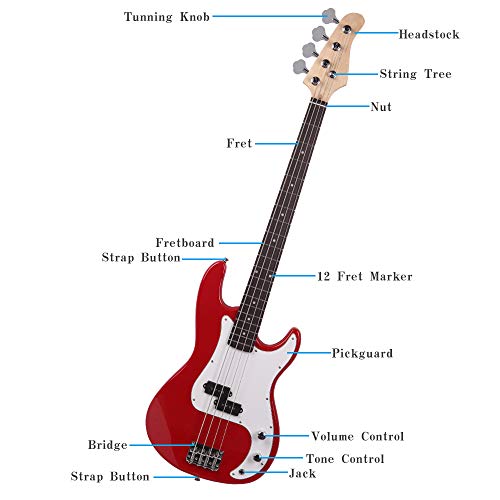 4 String Electric Bass Guitar, Exquisite Burning Fire Style Electric Bass Guitar Beginner Kits, Stylish Bass Guitar, Premium Quality & Affordable Musical Instrument (Red) #TOP6