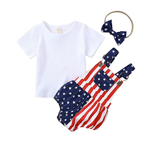 Liomengzi 4Th Of July Baby Girl Outfits Cotton Ribbed Plain Tshirt American Flag Overall Romper Short Summer Clothes #TOP7