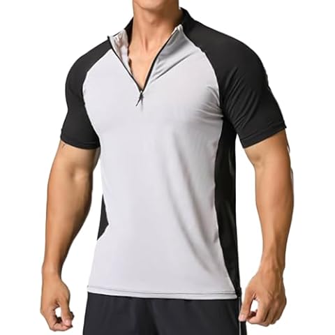 Magiftbox Elastic Workout Gym Muscle Shorts Sleeve Shirts Quick Dry Zipper Cycling T-Shirts for Men T71_GreyBlack_US-L Cover