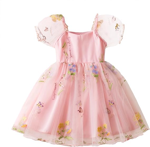 JiAmy Blumenkleid Mädchen Prinzessin Stickerei Tüll Kleid Kinder Sommer Frühling A Line Kleinkind Kleid für 1-2 Jahre,Rosa