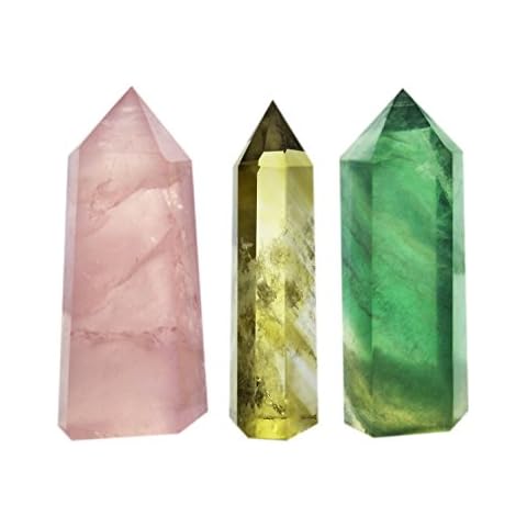 3-Piece Crystal Wands of Rose Quartz, Yellow Quartz & Fluorite Stone,Pointed & Faceted for Healing Reiki Chakra Meditation Therapy Decor Cover