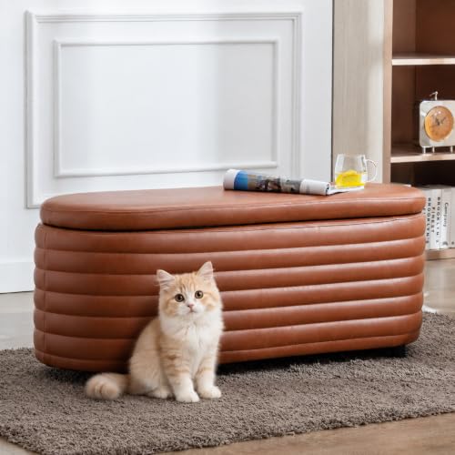 Storage Ottoman Bench Upholstered PU Leather End of Bed Stool with Safety Hinge for Bedroom, Living Room, Entryway (45.5-inch, Brown) 45.5" Brown