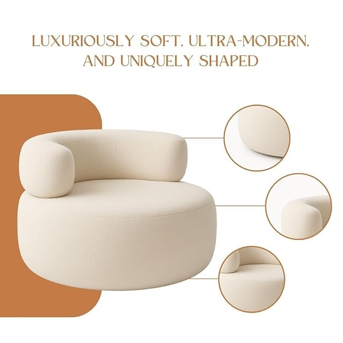 Image of Modern Round Accent Chair, Teal Bookley Fabric, High Density Foam Cushion, Pinewood Frame, Contemporary Style for Living Room Bedroom Office, 36 inchx36 inchx24 (White)