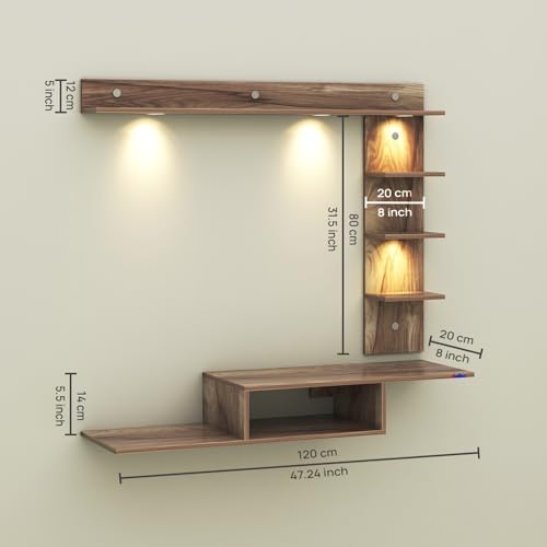 Image of Wintor Engineered Wood Wall Mounted TV Unit with 4 LED Lights, 3 Open Shelves, 1 Storage Box & Decorative Display Shelf for Living Room | Ideal for Upto 43 Inch TV- CoachWood(DIY Assembly)
