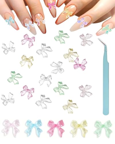 Zeayebsr 100 ciondoli a forma di fiocco con pinzette, con fiocco bianco, per unghie, resina, retro piatto, perline, ciondoli floreali, decorazioni per unghie，decorazioni unghie，ciondoli per unghie