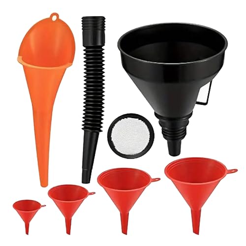 6 Pcs Universal Plastic Funnel Set, Car Gasoline Fuel Petrol Engine Funnels with Detachable Spout and Long Mouth Funnel for Car Motorcycle(Red, Orange, Black)