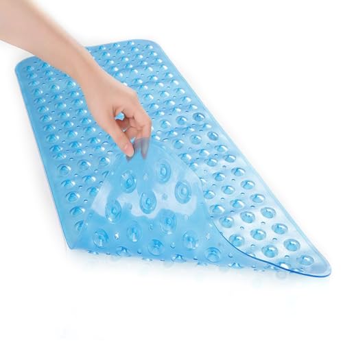 Mumoo Bear Bath Tub Shower Mat 40 x 16 Inch Non-Slip and Extra Large, Bathtub Mat with Suction Cups, Machine Washable Bathroom Mats with Drain Holes -Clear Blue