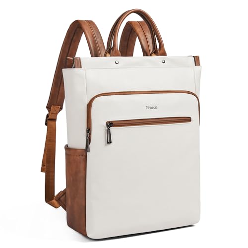 Mroede Laptop Backpack for Women Fits up to 15.6 Inch Laptop Leather Backpack Computer Backpacks for Work Travel College Beige