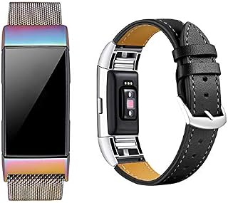 Rouis Compatible with Fitbit Charge 3 Band Strap/Fitbit Charge 4 Band Strap, Metal Bracelet Strap with Unique Magnet Lock + Unique Soft Silicone/Leather Bands for Charge 3 SE for Men/Women