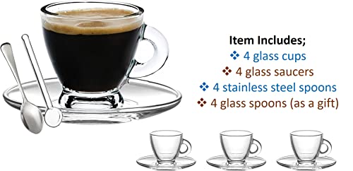 Bohem's Espresso Cups, 3.2 Oz Small Demitasse Clear Glass Espresso Drinkware, Set Of Cups, Saucers And Stainless Steel Mini Spoons + Free Glass Spoons (Set Of 4) #TOP1