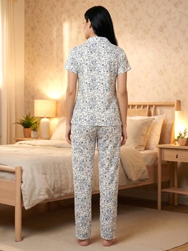 Image of Clovia Women's Cotton Printed Button Down Shirt & Pyjama Night Suit Set