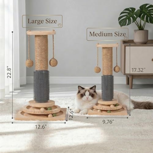 4-in-1 Solid Wood Cat Scratching Post with Self-Groomer, Medium Size — view 6