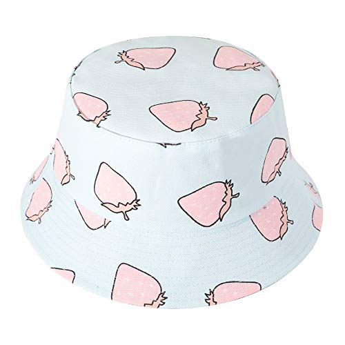 ZLYC Unisex Cute Print Bucket Hat Summer Travel Fisherman Cap for Women Men Teens (Strawberry Blue)