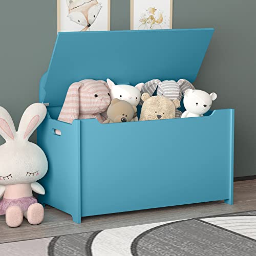 Masisdaoz Wooden Kids Toy Box, 30 Inches Large Toy Chests Organizers With Safety Hinged Lid, Modern Decorative Toys Storage Organizers Toys Bench Box For Playroom Bedroom Living Room (Blue) #TOP5