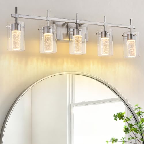 Image of 5-Light Brushed Nickel Vanity Light with 3 Color Modes (3000K /4000K /6000K), Eye Protection LED Bathroom Light Fixture, Dimmable Modern Wall Light Over Mirror with Clear Glass Shade