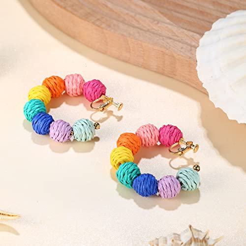Fasacco Clip On Raffia Earrings Colorful Clip Hoop Earrings Beach Summer Clip On Earrings Cute Boho Rattan Earrings #TOP4