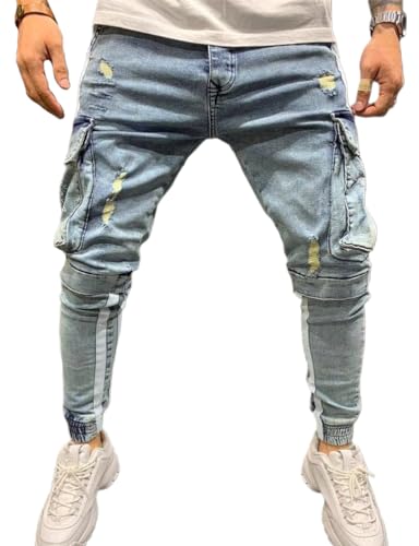 IDEALSANXUN Mens Cargo Slim Fit Skinny Ripped Jeans Striped Denim Pants