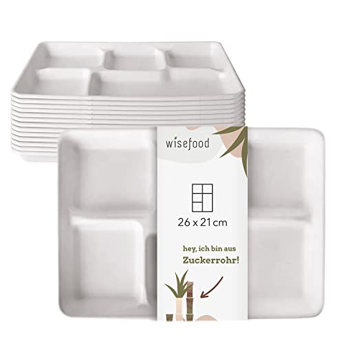 wisefood Platos de bagazo (50 unidades, 5 platos hondos, rectangulares, 26 x 21 cm, bandeja de caña de azúcar, blanco, ideal como plato de fiesta o plato de menú, vajilla biodegradable de caña de