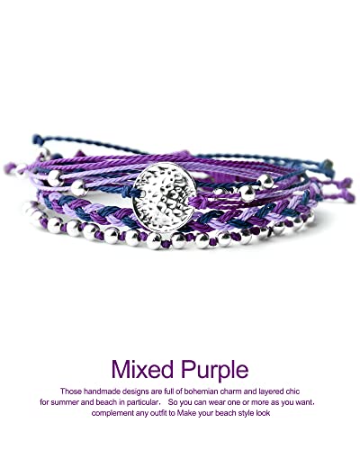 Mezcla Vida Bohemian Wave Coin Charm Silver Zinc Beaded Waterproof Rope Surfing Bracelets Sets For Women Teen Girls, Beach Hippie String Jewelry (Mixed Purple) #TOP1