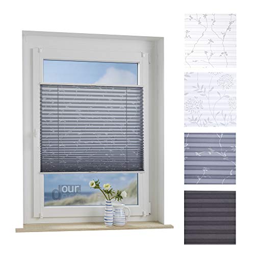 ourdeco® Plissee / 100 x 130 cm Grau, bedrucktes Blumenmotiv Ranke/lichtdurchlässig, Blickdicht/Farbe: Grau Ranke/Klemmen=Montage ohne Bohren=Smartfix=Klemmfix-Plissee=Easy-to-fix