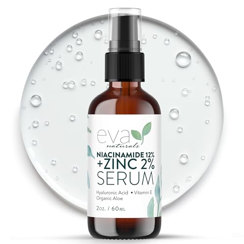 12% Niacinamide Serum for Face + Zinc (2 oz) Vitamin B3, 2% Zinc and Hyaluronic Acid Serum Known to Even Skin Tone, Shrink Pores, Pump Fine Lines, Reduce Oil, and Hydrate by Eva Naturals