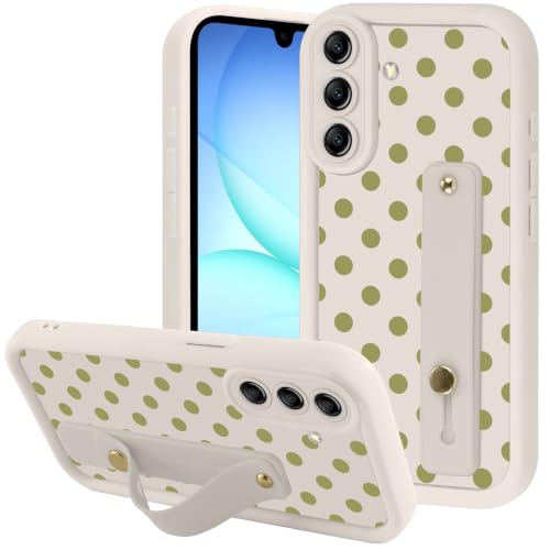 Zrutru Green Polka Dots Phone Case for Samsung Galaxy A17 | with Finger Hand Wrist Strap Holder Kickstand Silicone Shockproof Protection Funda for Samsung Galaxy A17 6.7 Inch