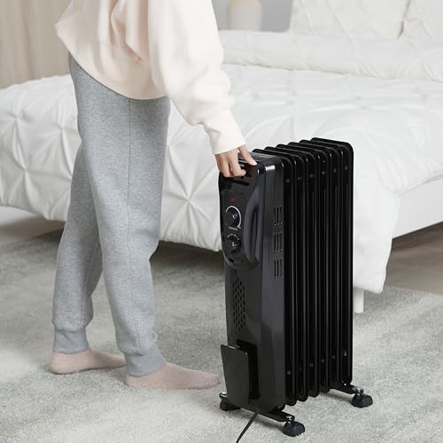 Amazon Basics Portable Oil Radiator Heater, Indoor Use, 3 Heat Settings, Over-Heat Protection, ETL-certified Safety, 7 Oil-Filled Steel Fins, 1500W, Tip-Over Protection, 11"D x 14.8"W x 25.2"H, Black by Amazon Basics - Image 5