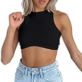 Dwnval Sexy Sleeveless Crewneck Tank Top Ribbed Knitted Crop Tops for Women(Black,S)