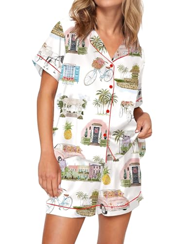 Image of SHESHOW Satin Pajamas for Women Set Preppy Animals Pjs Short Sleeve Shorts 2 Piece Loungewear Sets XS-XXL
