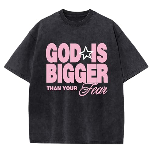 QISSYILY Oversized Christian Shirts for Men Vintage Faith Acid Wash Tshirts God is Bigger Graphic Tees Religious Bible Shirt(Black,M)