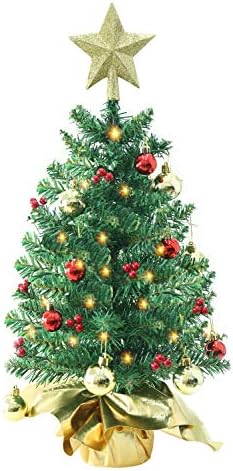 Liecho 24 Inch Tabletop Mini Christmas Tree, Miniature Pine Christmas Tree with Hanging Ornaments, Battery Operated Artificial Xmas Tree, Best DIY Christmas Decorations-Gold