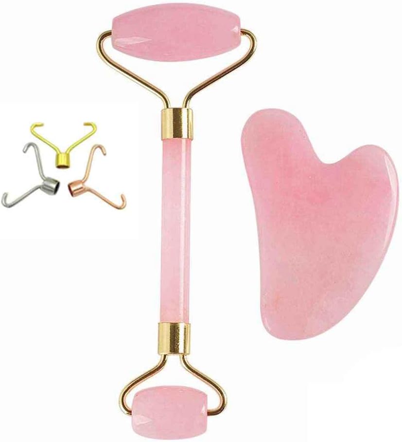 Blessfull Healing Rose Quartz Roller and Gua Sha Scraping Plate Set,Anti Aging Massager Tool Traditional Facial Scraper Tool
