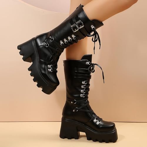SACFOF Women's Goth Platform Knee High Boots Buckles Platform Zipper Motorcycle Punk Combat Boots Comfy Gothic Riding Booties3