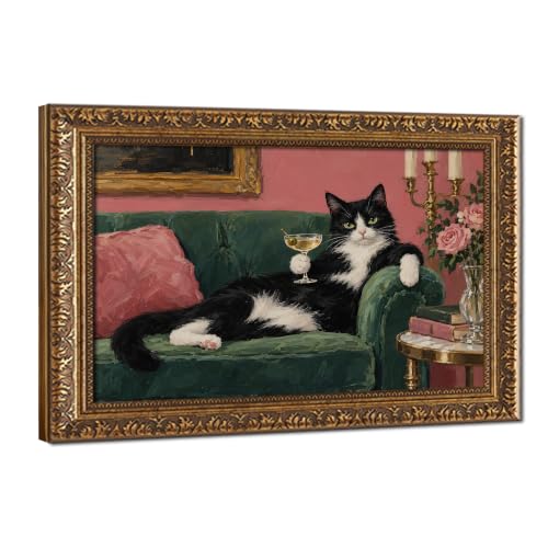 Black and White Cat with Cocktail on Green Sofa Wall Art Retro Vintage