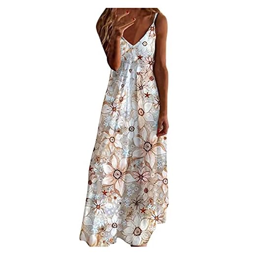 Off Shoulder Maxi Dress, Flattering Dresses to Hide Tummy Dress Plus Size Cotton Dresses with Pockets for Women Fashion Casual Women's V-Neck Printing Loose Sweet Suspender (L, White)