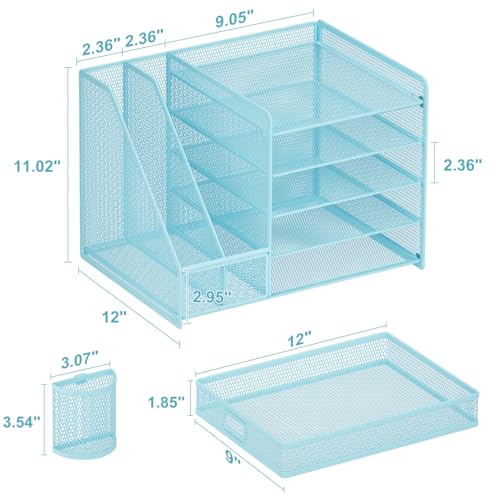 Image of Marbrasse Desk Organizer with File Holder, 5-Tier Paper Letter Tray Organizer with Drawer and 2 Pen Holder, Mesh Desktop Organizer and Storage with Magazine Holder for Office Supplies(Blue)