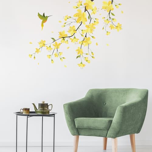 Adesivo de Parede Galhos Floral Beija Flor Amarelo Direita